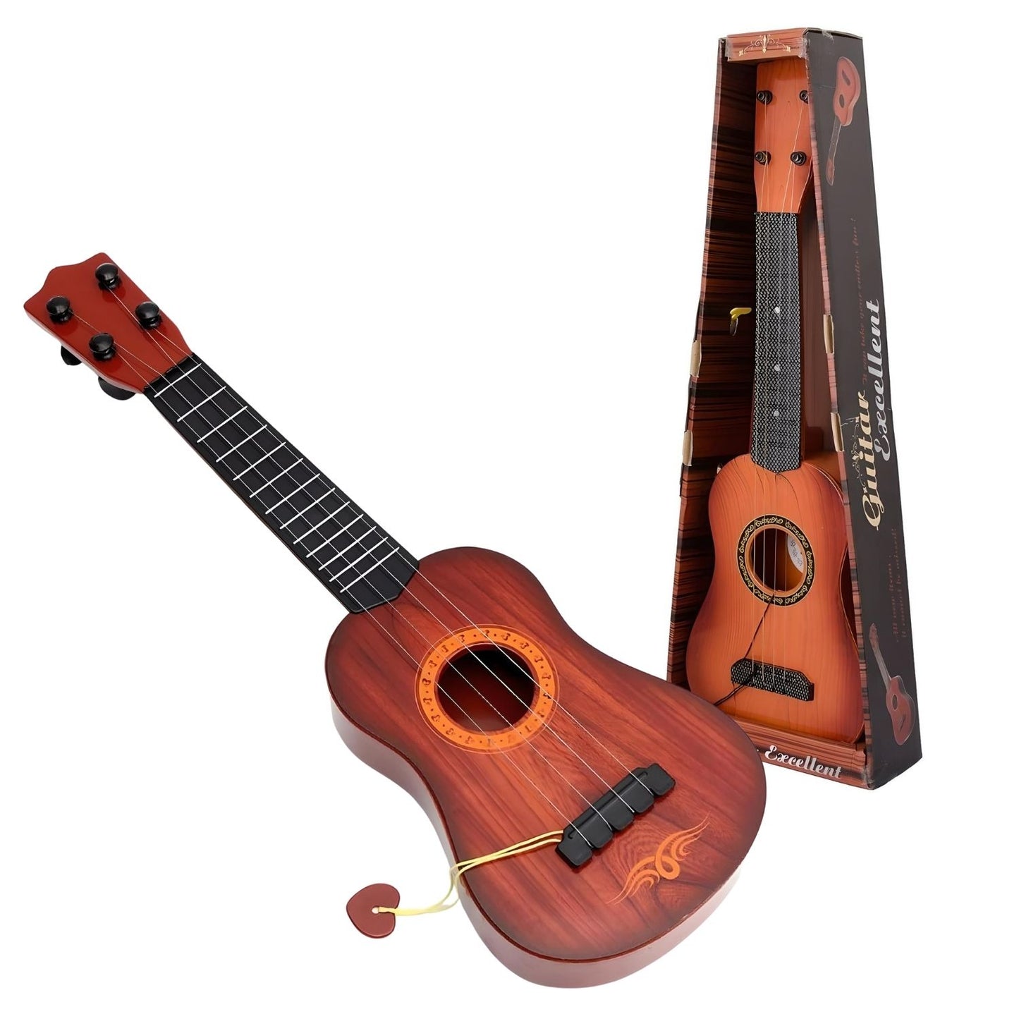 MM TOYS Guitar Toy 4 Strings Acoustic Music Toy for Kids- Educational Musical Instrument, Wooden Look Plastic- 22 Inch Brown