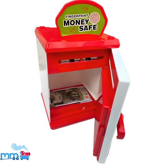 MM TOYS Money Saving Box ATM With Electrnoic Lock - Fingerprint Sensing, Light & Music, Coin and Paper Money Deposit | Piggy Bank For Kids | - Red