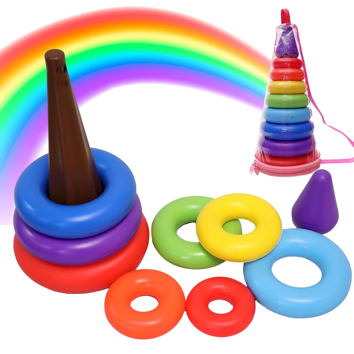 Colorful stacking rings and cone toy with rainbow background