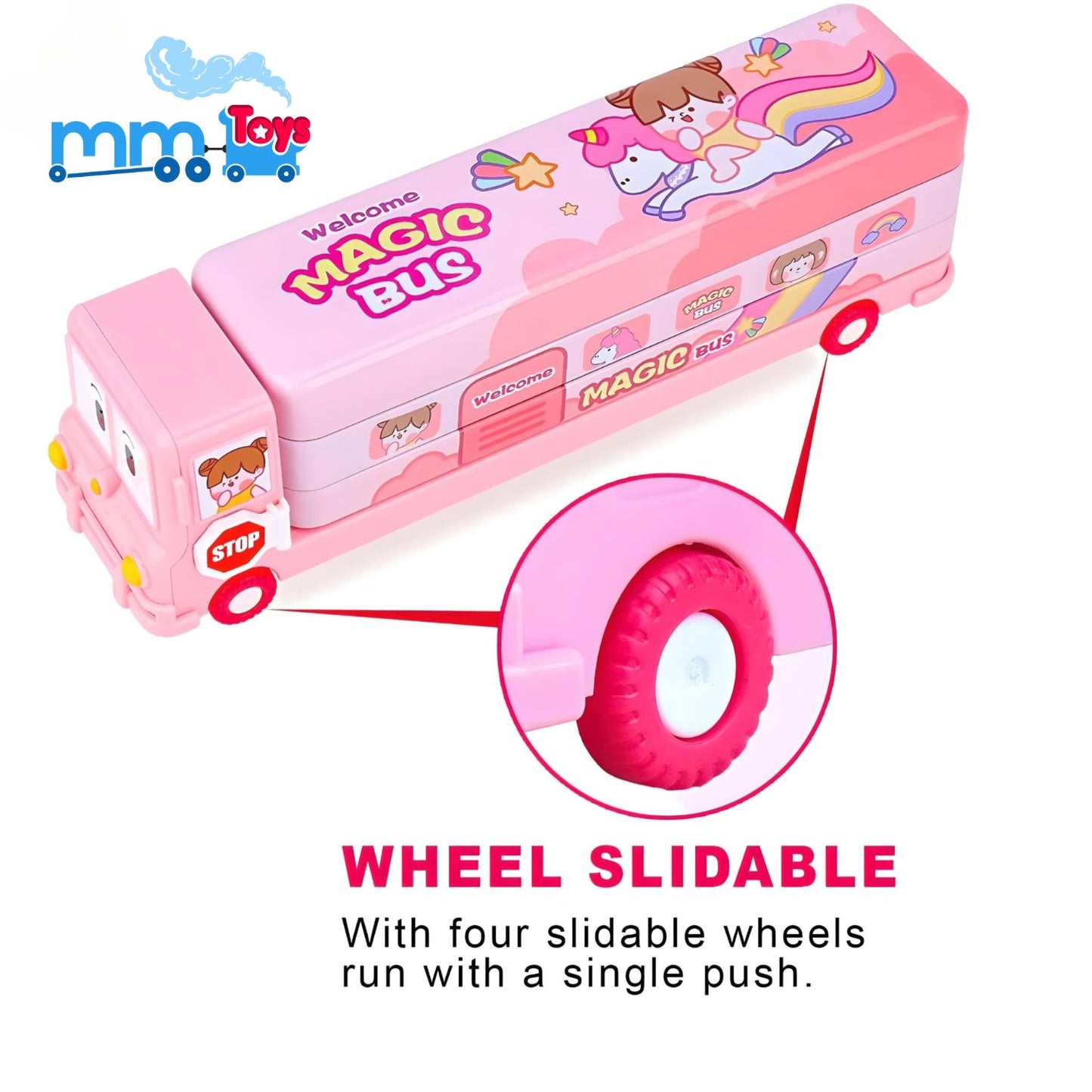 MM TOYS 2-in-1 School Bus Pencil Box & Toy - Movable Wheels, Built-in Sharpener, Durable Metal, Playful Pink