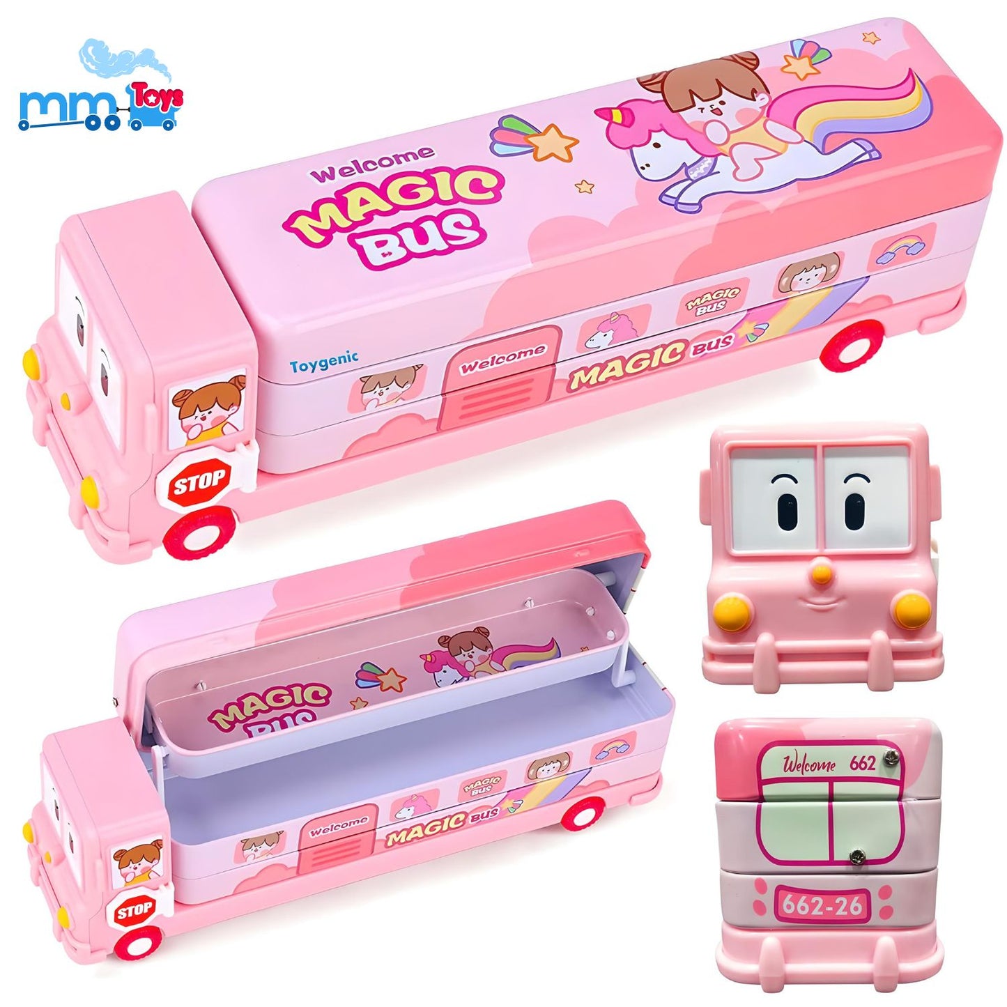 MM TOYS 2-in-1 School Bus Pencil Box & Toy - Movable Wheels, Built-in Sharpener, Durable Metal, Playful Pink