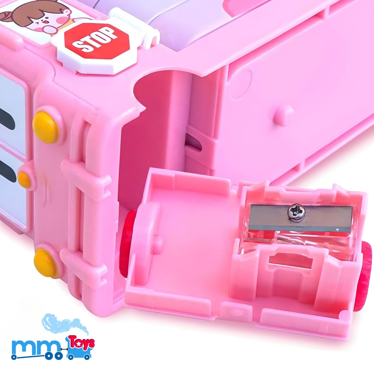 MM TOYS 2-in-1 School Bus Pencil Box & Toy - Movable Wheels, Built-in Sharpener, Durable Metal, Playful Pink