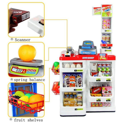MM TOYS Plastic Role Play Home Supermarket Grocery Stall Set with Scanner and Shopping Trolley of Vegetables, Fruits, Food, Cart Accessories For Kids