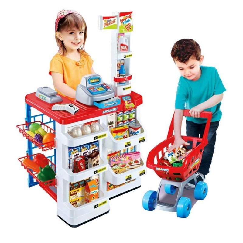 MM TOYS Plastic Role Play Home Supermarket Grocery Stall Set with Scanner and Shopping Trolley of Vegetables, Fruits, Food, Cart Accessories For Kids