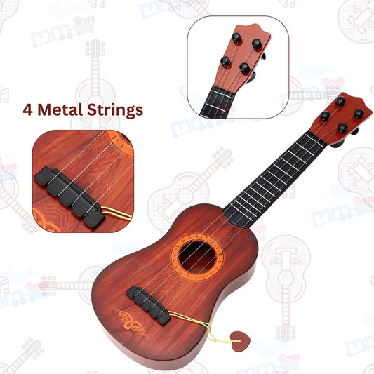 MM TOYS Guitar Toy 4 Strings Acoustic Music Toy for Kids- Educational Musical Instrument, Wooden Look Plastic- 22 Inch Brown