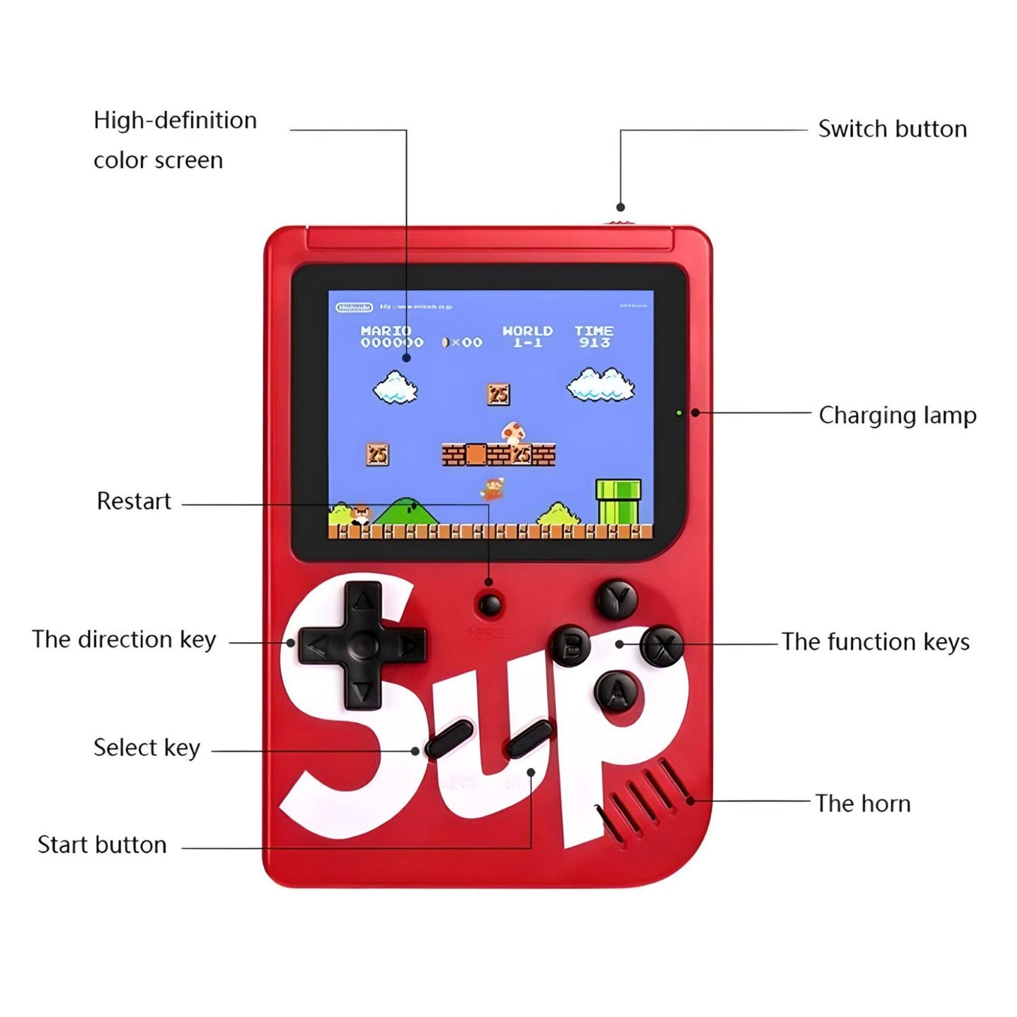 MM TOYS SUP 400-in-1 Multicolor Handheld Game Console: Built-In Classics Games Mario/Contra , TV Output, 3" Colored Display, Rechargeable - Color May Vary