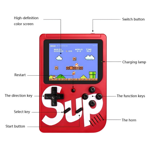 MM TOYS SUP 400-in-1 Multicolor Handheld Game Console: Built-In Classics Games Mario/Contra , TV Output, 3" Colored Display, Rechargeable - Color May Vary