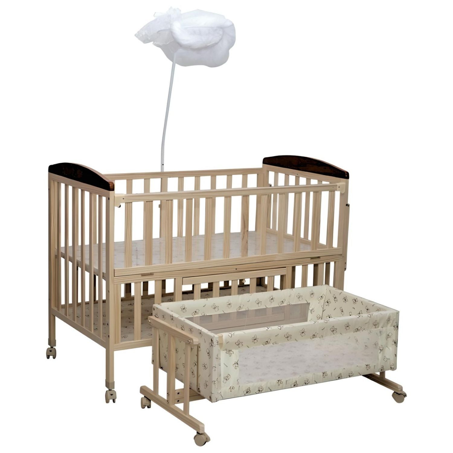 MM TOYS Multi Functional Convertible Baby Wooden Bed with Storage Mosquito Net Cream