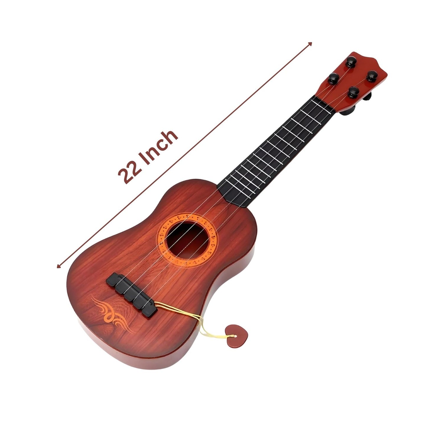 MM TOYS Guitar Toy 4 Strings Acoustic Music Toy for Kids- Educational Musical Instrument, Wooden Look Plastic- 22 Inch Brown