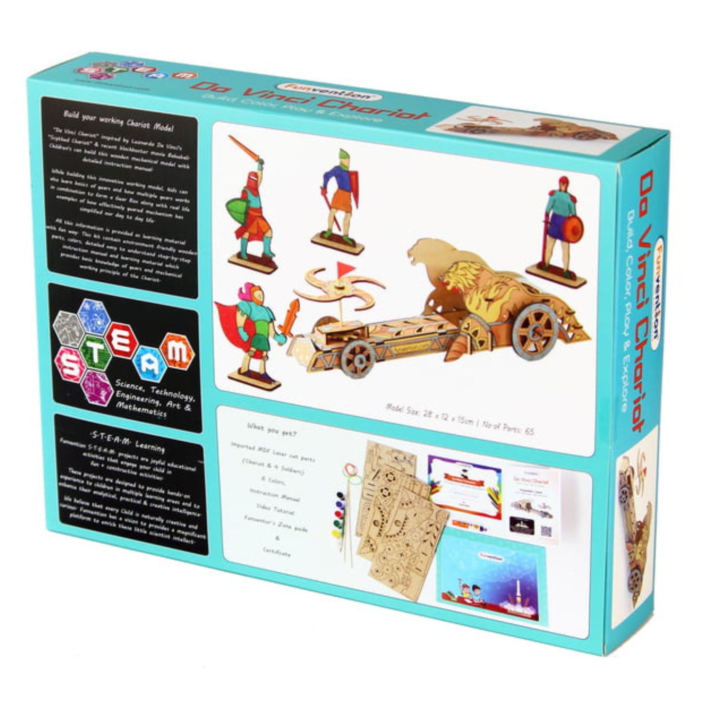 Funvention Pull-Back STEM Mechanical Da Vinci Chariot DIY Kit: Create 3D Wooden Chariot, Rotating Geared Blades, Brain & Activity Game Age 8+ Years