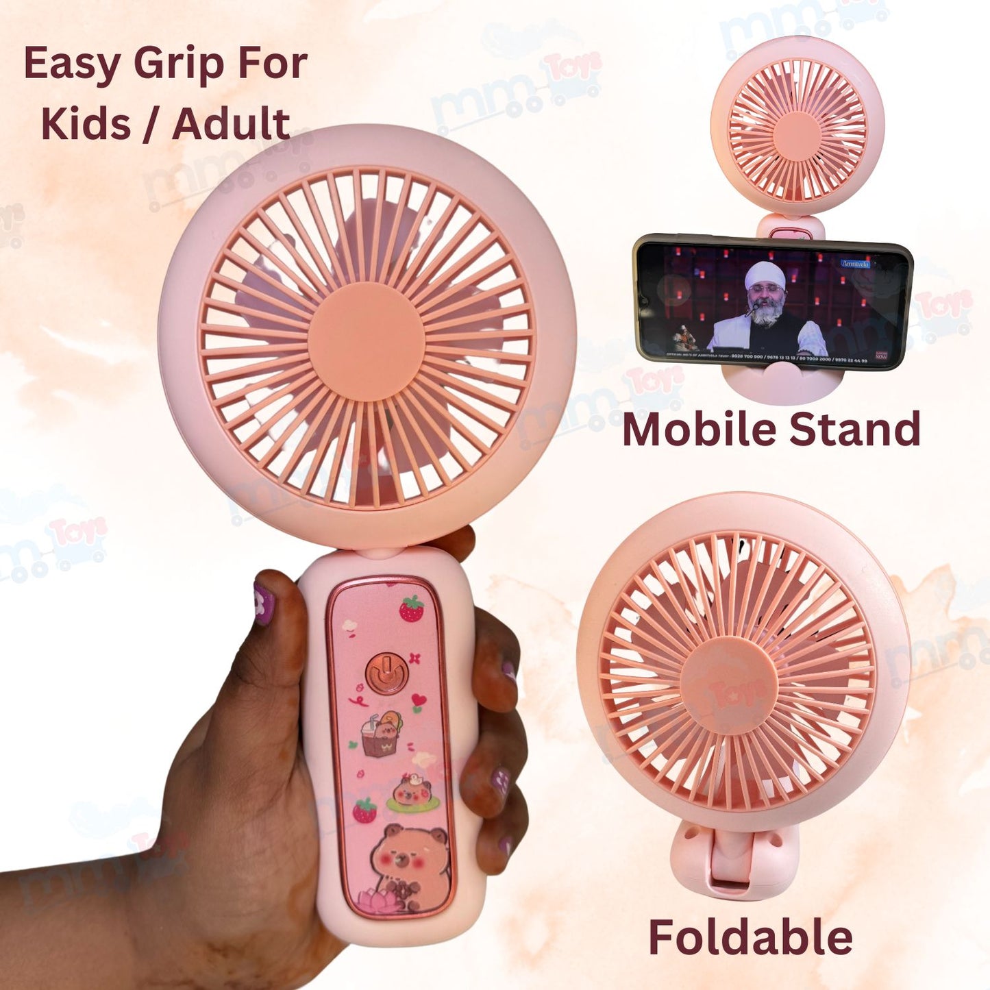 MM TOYS Mini Foldable Fan – USB Rechargeable, Silent Brushless Motor, 3-Speed Handheld & Table Fan with LED Light – Compact Cooling for Kids, Travel & Home Use (Color as Available