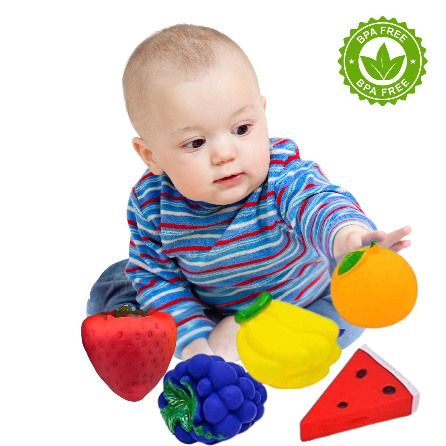 MM Toys 5 Pcs Fruit Squeeze Toys for Babies & Toddlers | BPA-Free, BIS Certified | Soft Multicolor Bath & Sensory Play Set (Pack of 5)