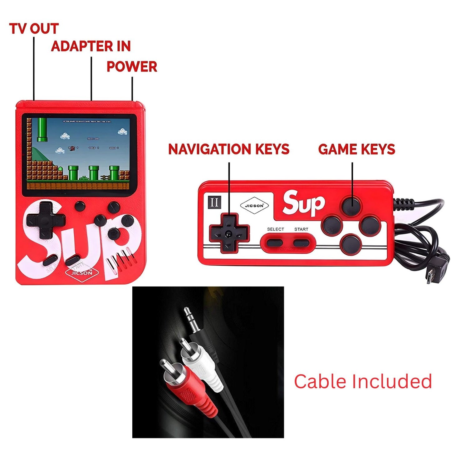 MM TOYS SUP 400-in-1 Multicolor Handheld Game Console: Built-In Classics Games Mario/Contra , TV Output, 3" Colored Display, Rechargeable - Color May Vary