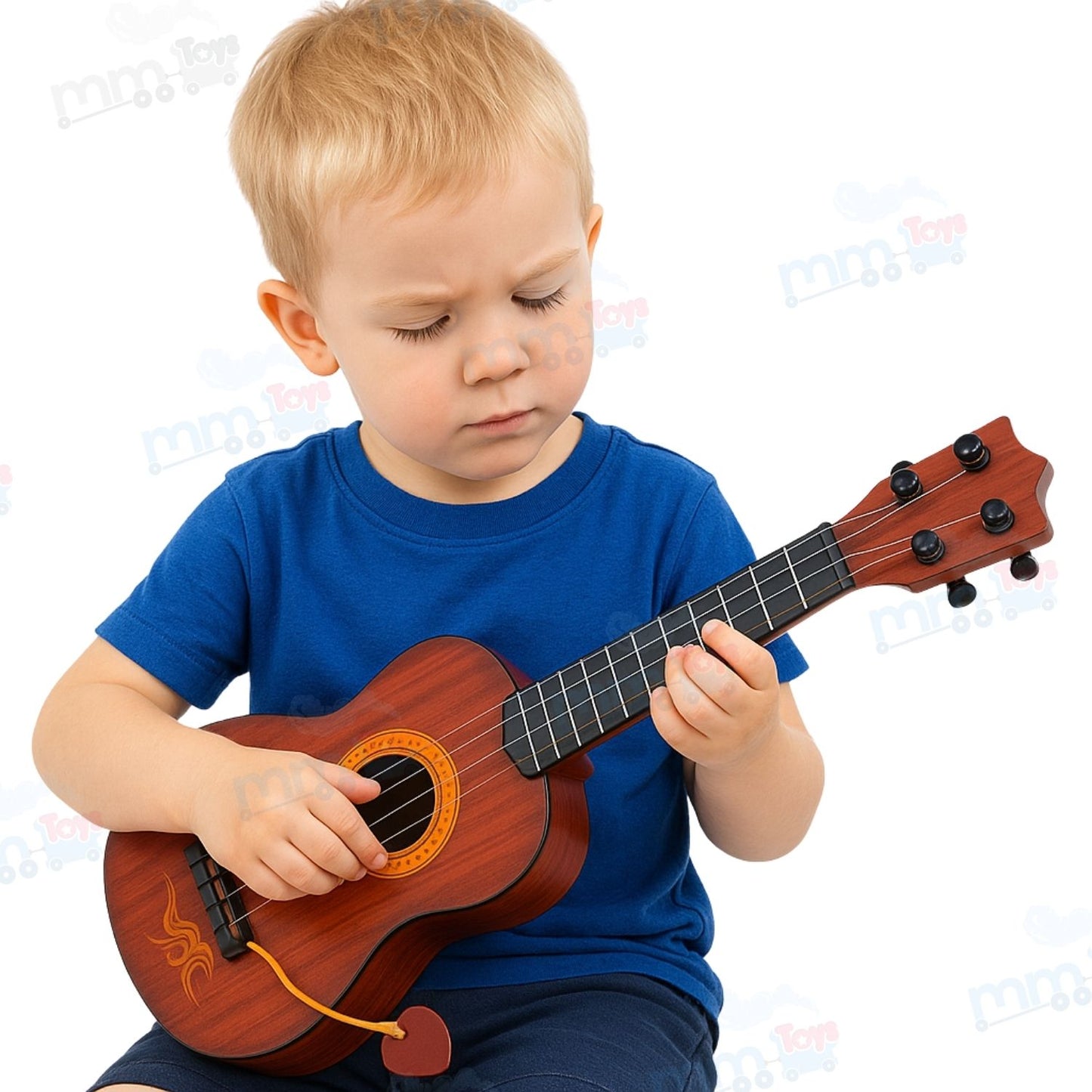 MM TOYS Guitar Toy 4 Strings Acoustic Music Toy for Kids- Educational Musical Instrument, Wooden Look Plastic- 22 Inch Brown