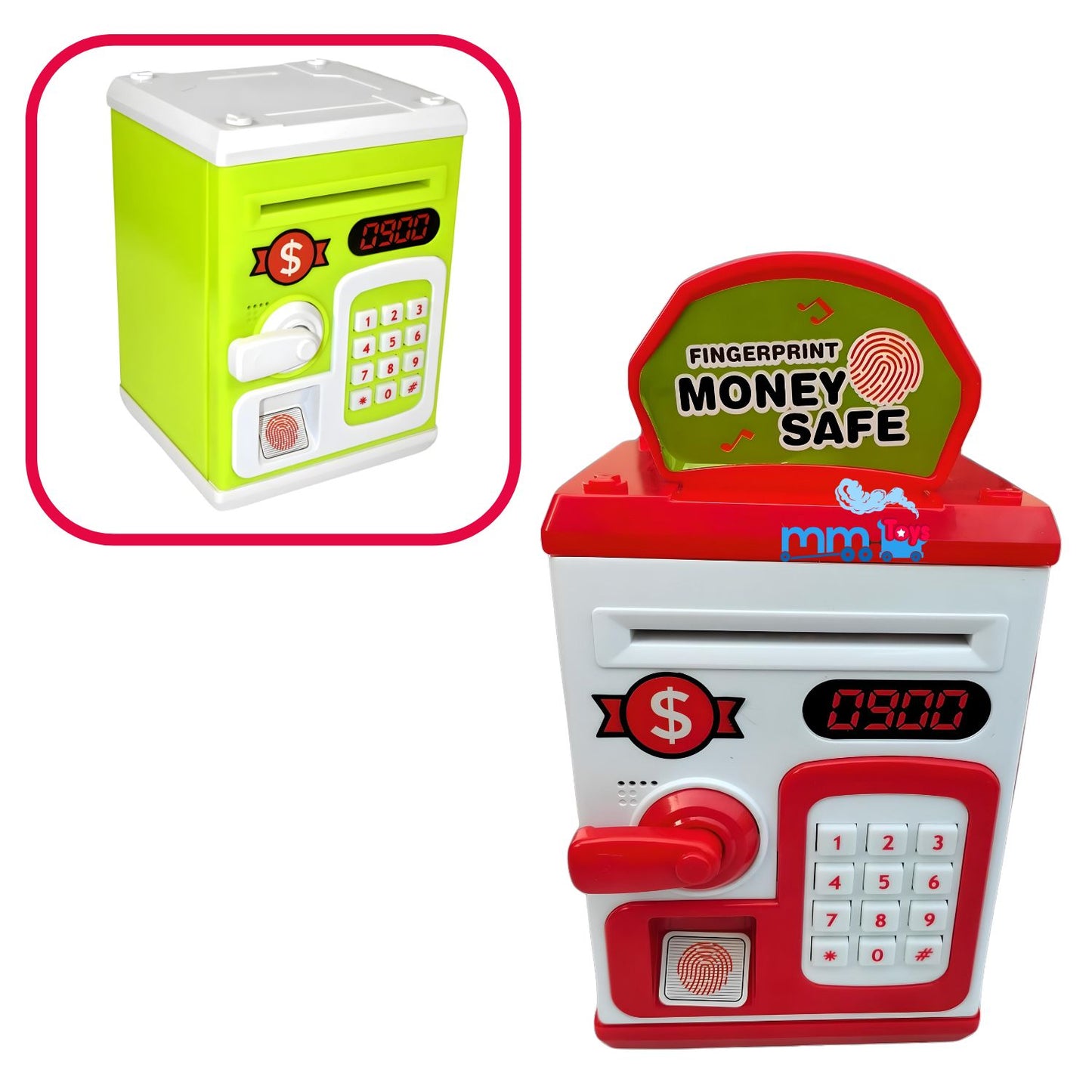 MM TOYS Money Saving Box ATM With Electrnoic Lock - Fingerprint Sensing, Light & Music, Coin and Paper Money Deposit | Piggy Bank For Kids | - Red