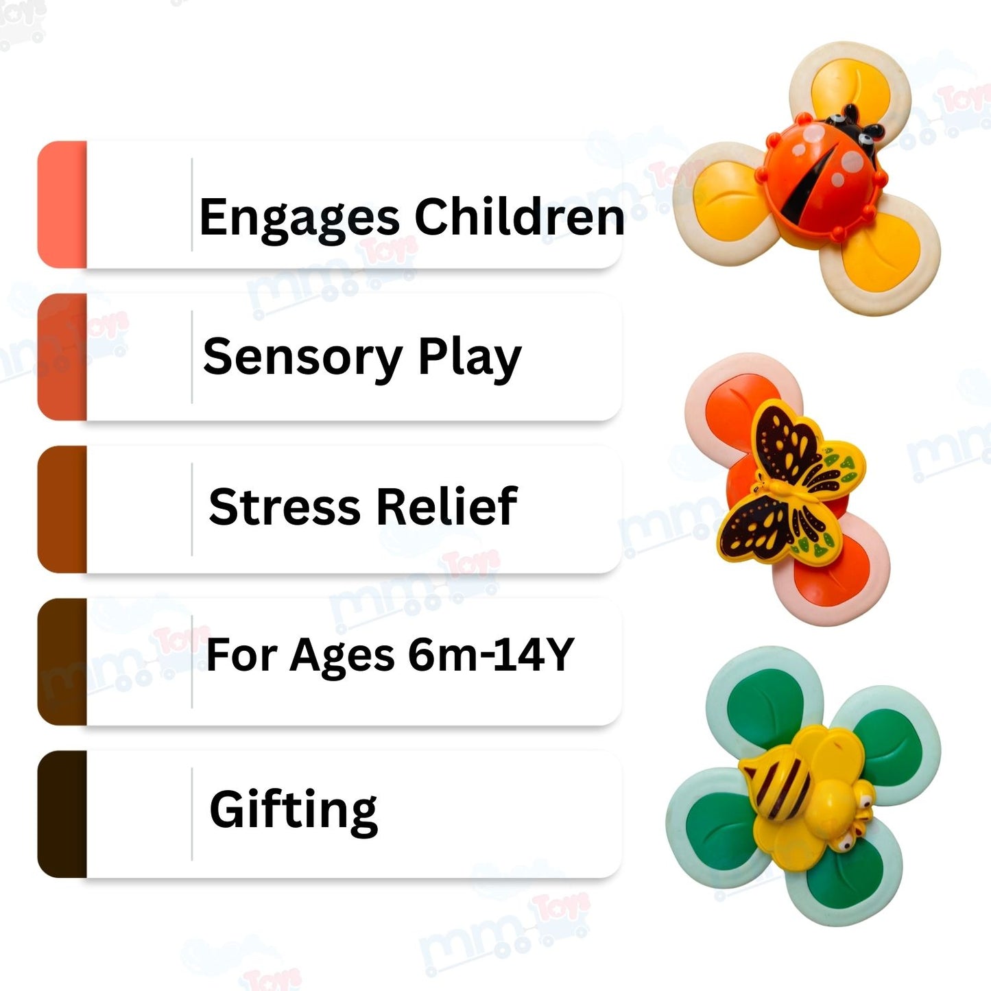 MM TOYS Sucker Spinner Toy Pack of 3 – Stress Relief Fidget Spinners with Suction Base for Kids & Adults - Multicolor