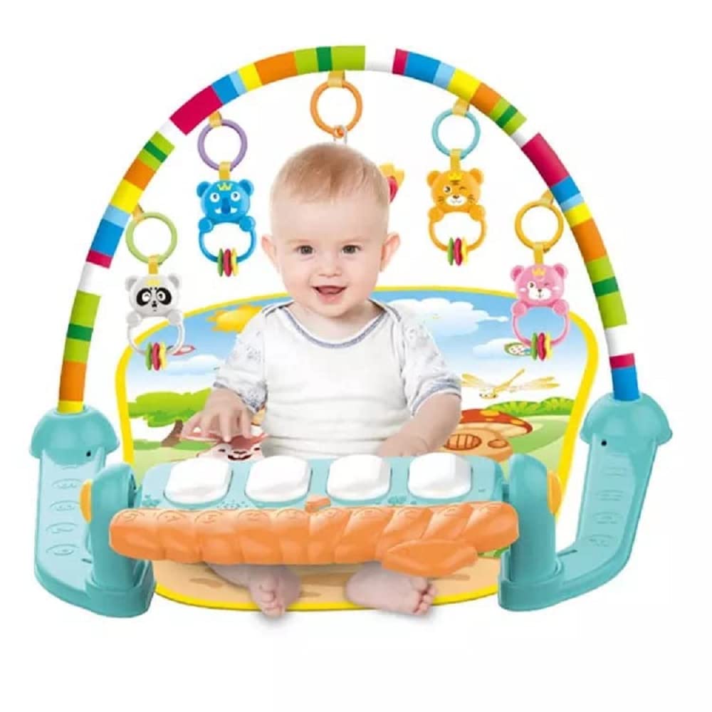 MM Toys Baby Play Mat Gym & Fitness Rack with Hanging Rattles, Lights & Musical Keyboard Mat - Convertible Piano for 0-12 Months Baby