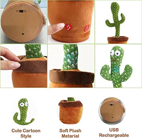 MM TOYS Rechargeable Dancing and Repeat Talking Cactus Plush Toy with Multiple Songs