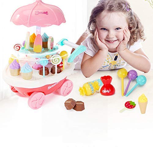 MM TOYS Mini Sweet Shop Cart Candy Cart Toy - Pretend and Play Set with 30 pcs, Light and Sound - Multicolor