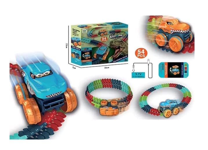 MM TOYS DIY Rapid World Flexible Track Set Of 102 Pcs Rechargable Dinosour Monster Truck Track And 4 Track Colors