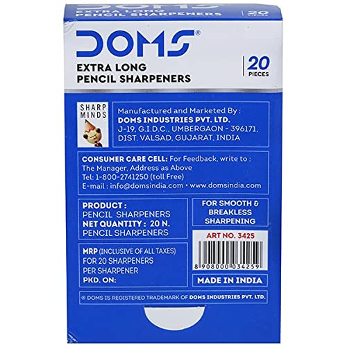 DOMS Non-Toxic Extra Long Multicoloured Pencil Sharpener | Box Pack, 20 Pieces | Smooth & Breakless Sharpening