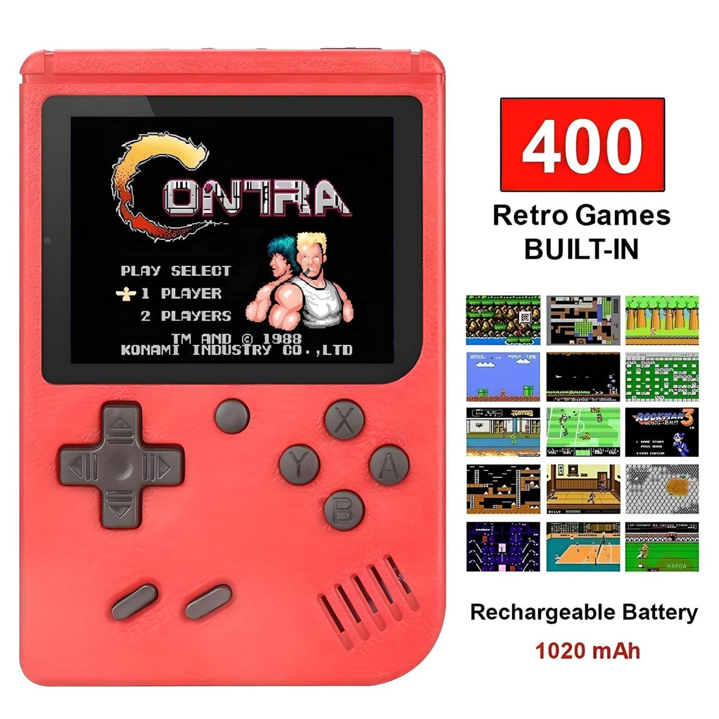 MM TOYS SUP 400-in-1 Multicolor Handheld Game Console: Built-In Classics Games Mario/Contra , TV Output, 3" Colored Display, Rechargeable - Color May Vary