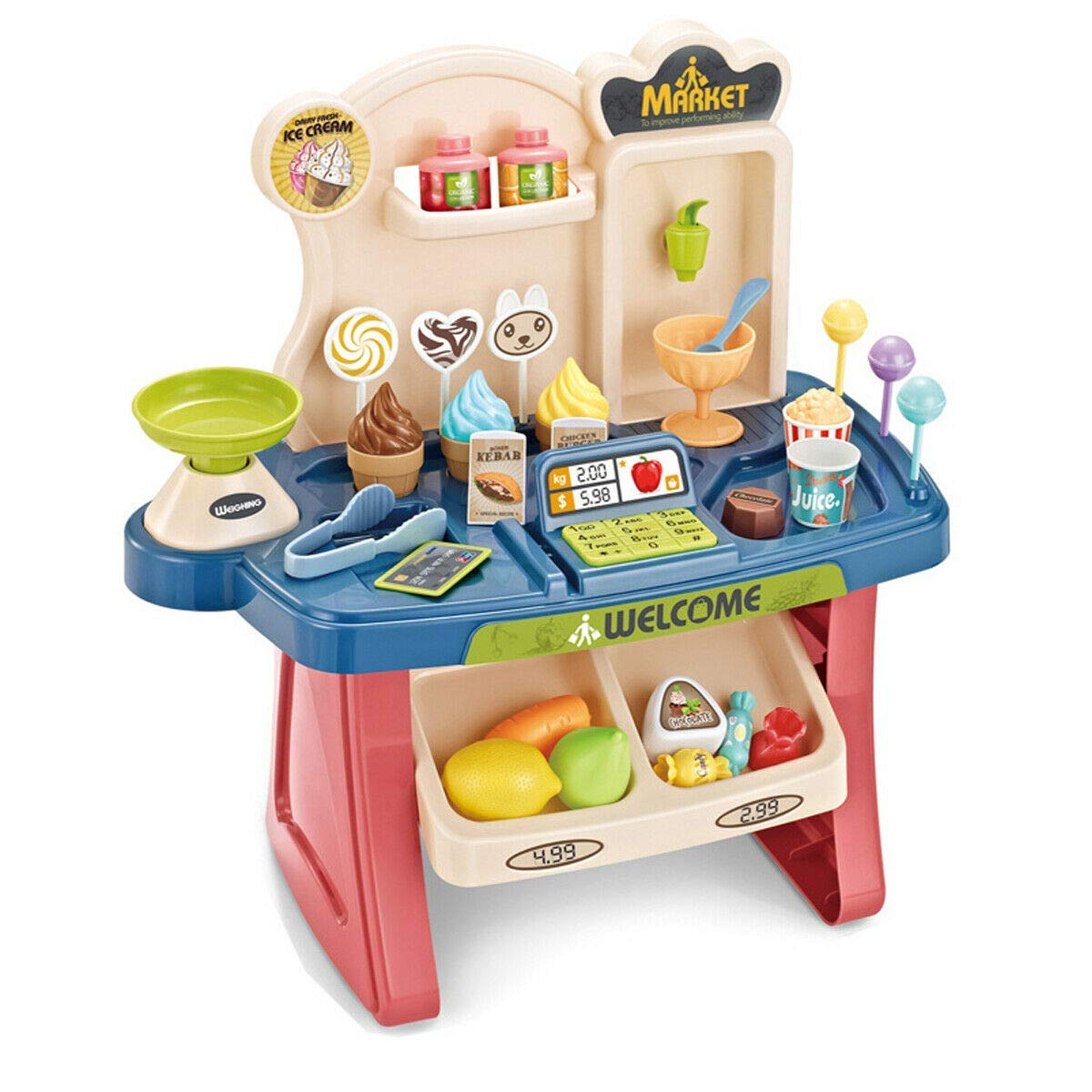 MM Toys Home Supermarket Set 33pcs - Vibrant Pretend Play Supermarket with Cash Register, Shopping Cart, and Flashing Indicator Light