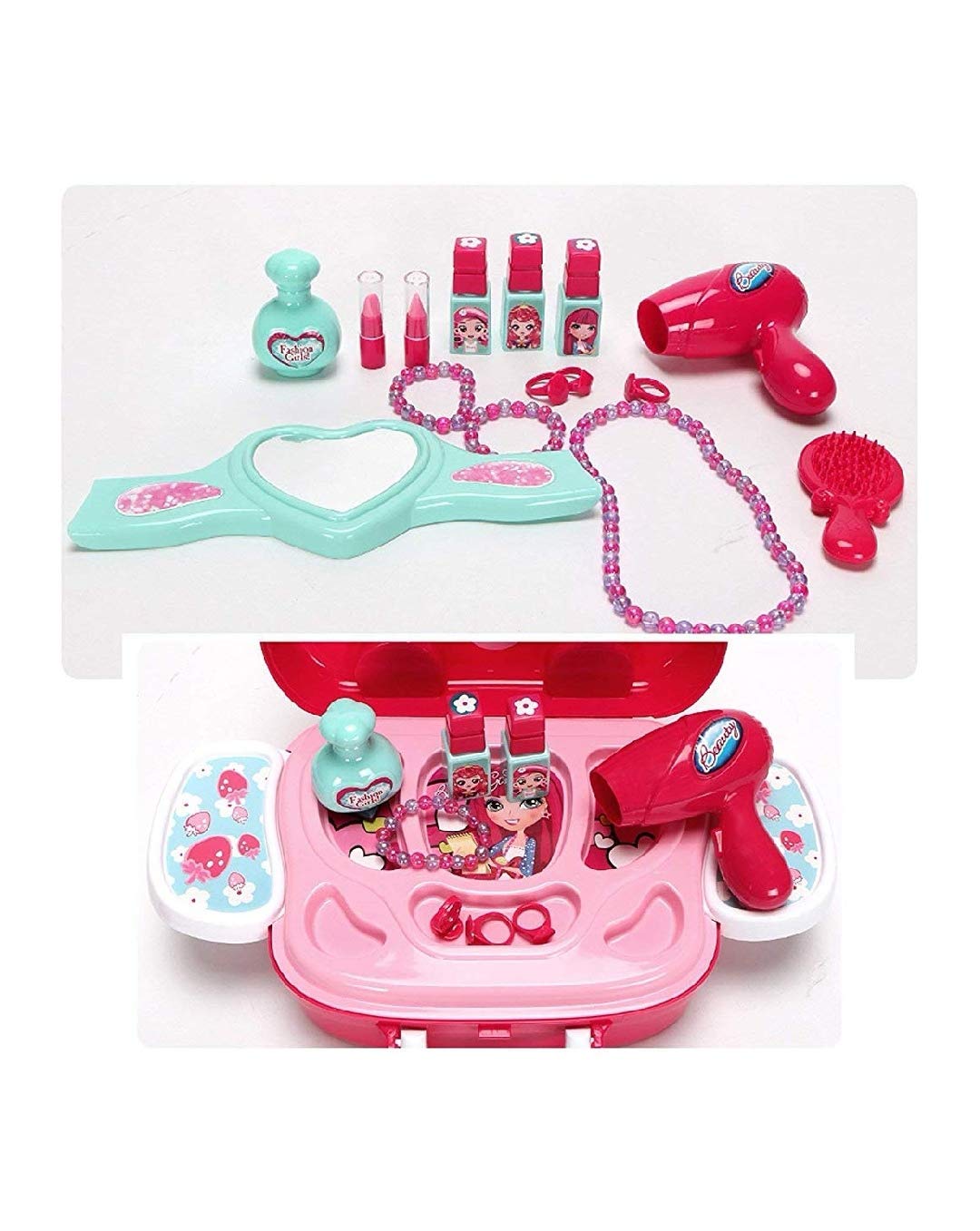 MM TOYS Pretend Play Make Up Case and Cosmetic Set for Girls: Pink Beauty Kit Hair Salon with 21 Pcs Durable Makeup Accessories - Suitable for Ages 3-8