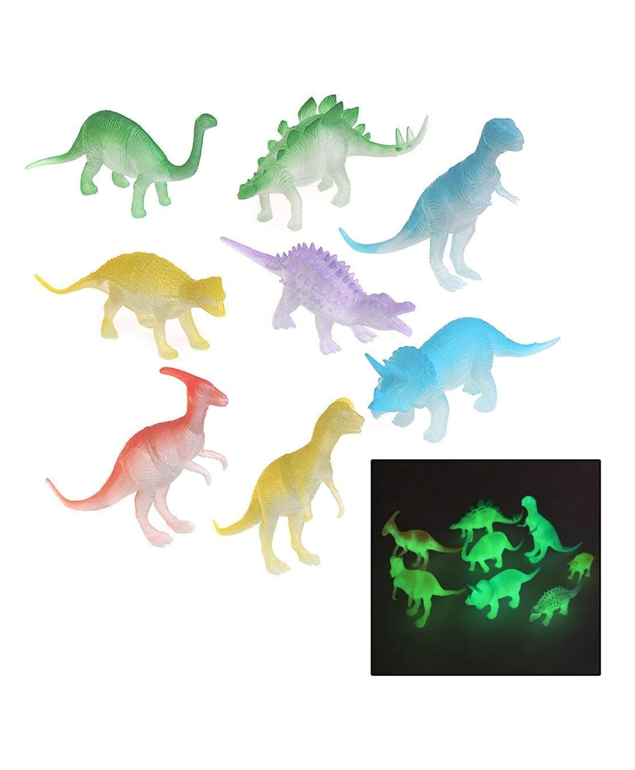 MM TOYS Glow In Dark Dino World Dinosours Animal Die Cast Toys Set Assorted 7 Inch Size Pack Of 7 Pcs - Multicolor