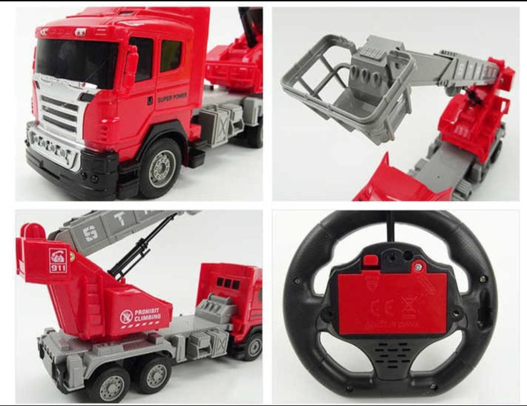 MM TOYS Remote Control Rescue Fire Truck: 360° Rotating Ladder Integrated Lights Rechargable Battries, Charger Included - Multicolor