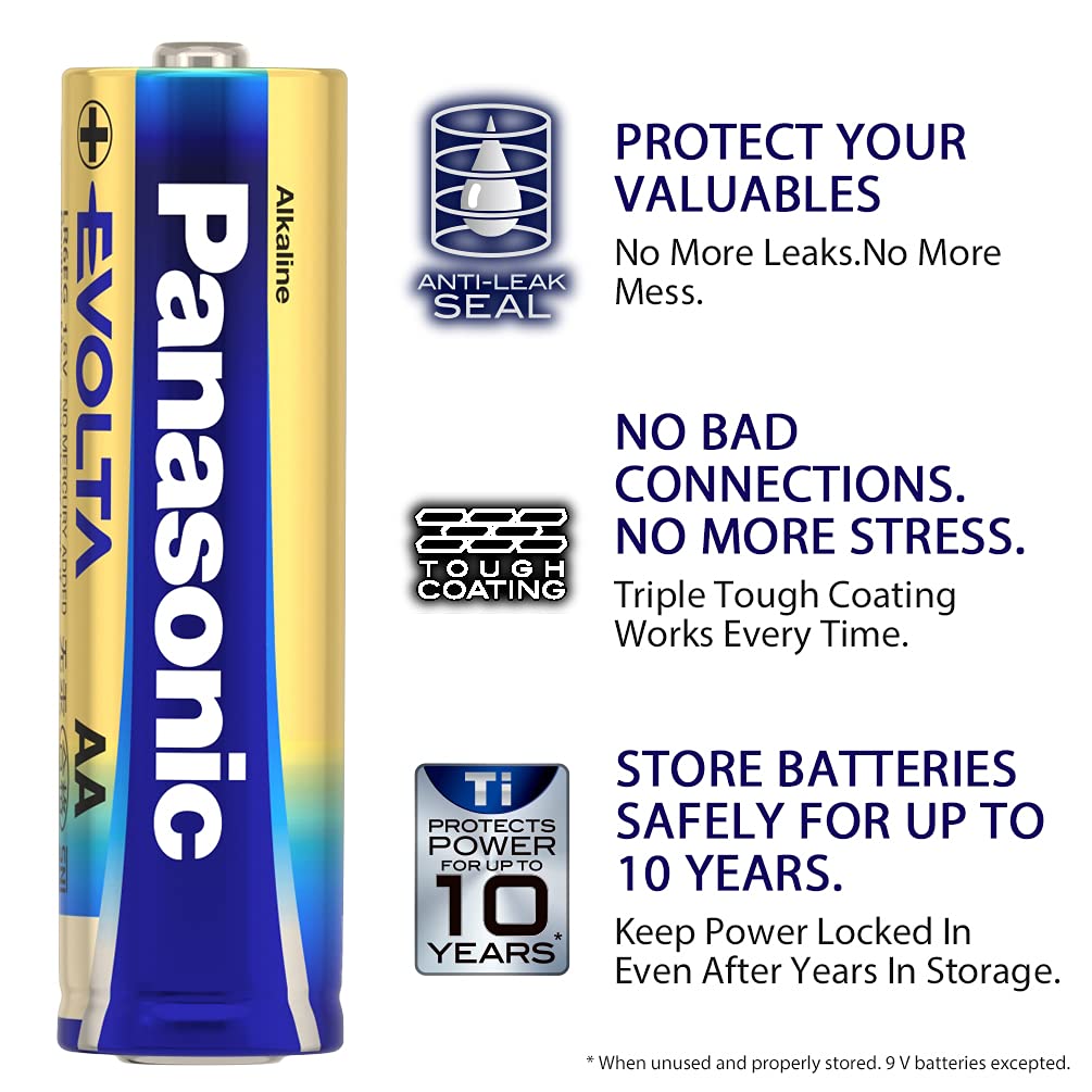 Panasonic Evolta Alkaline 1.5V AA Batteries,20 Times Longer Lasting Than Standard zinc Carbon Batteries,Anti-Leak Seal,Extra Power Formula,no Mercury Added, Protects Power for up to 10 Years, Pack of 6