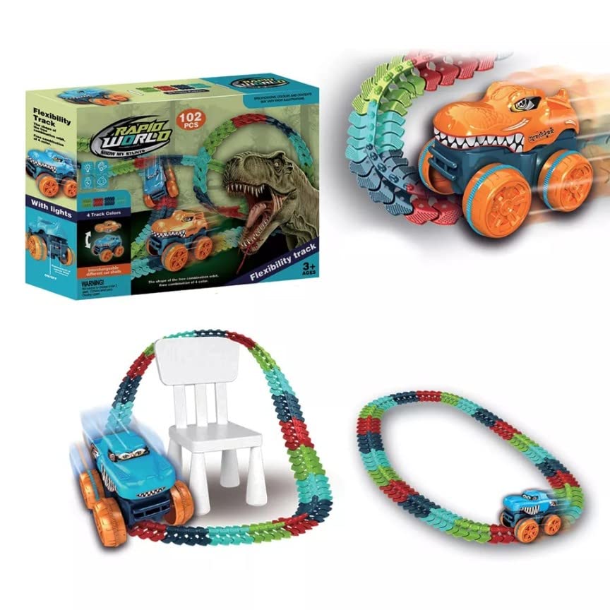 MM TOYS DIY Rapid World Flexible Track Set Of 102 Pcs Rechargable Dinosour Monster Truck Track And 4 Track Colors