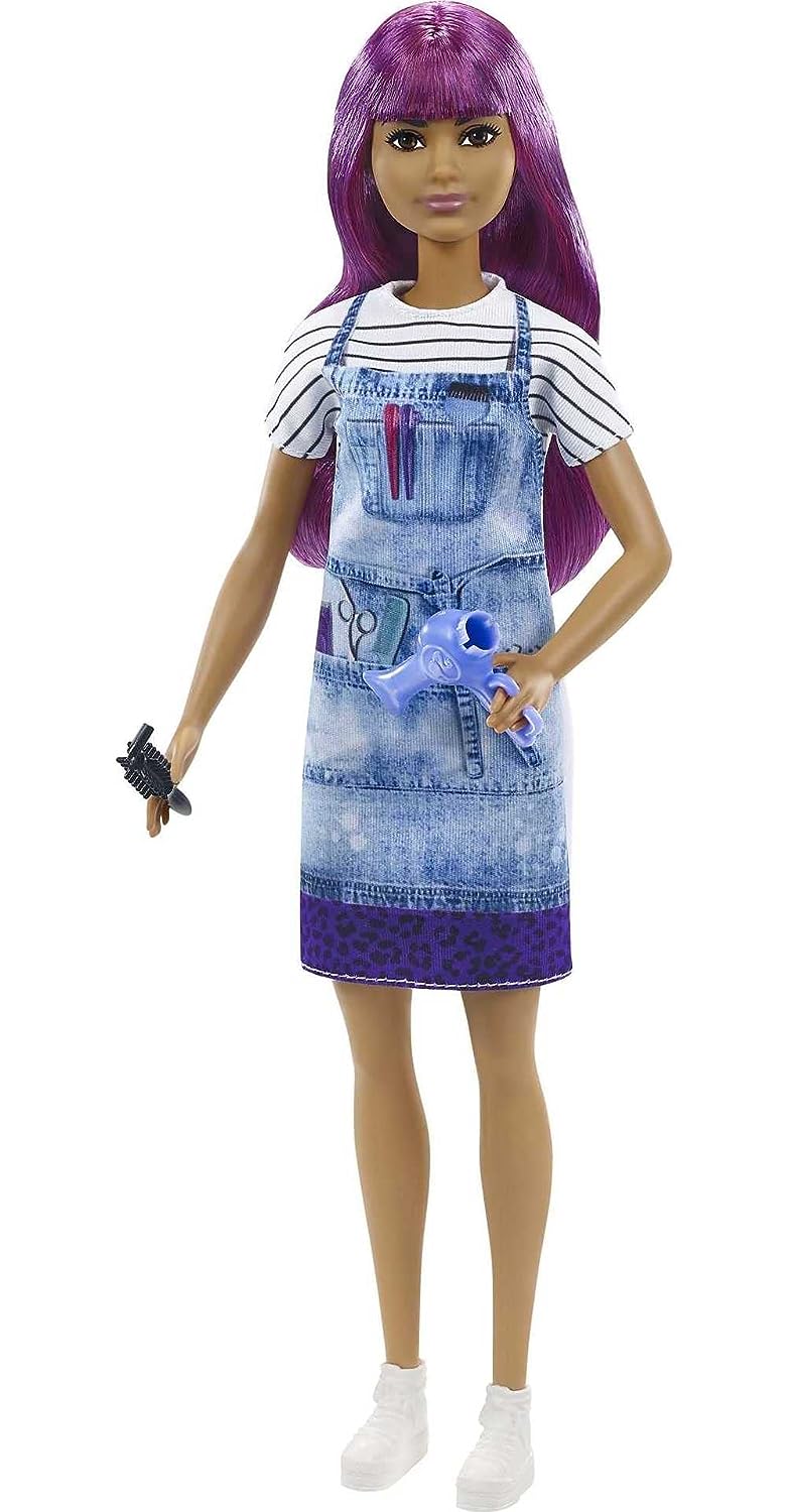 Barbie Salon Stylist Doll with Purple Hair Tie dye Smock Striped Tee Styling Accessories Great for Ages 3 Up