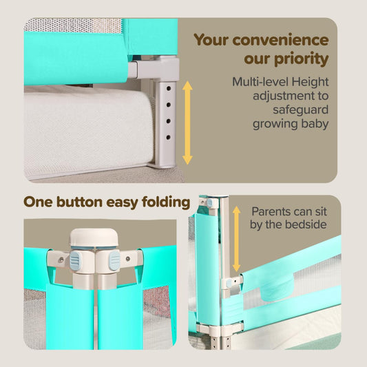 Luvlap Comfy Baby Bed Rail Guard (6 ft x 2.3 ft), 180cmx72cm, Bed Rails for Baby & Toddler Safety, Portable, Adjustable Height, Single Side Bed Rail, Pack of 1, Green