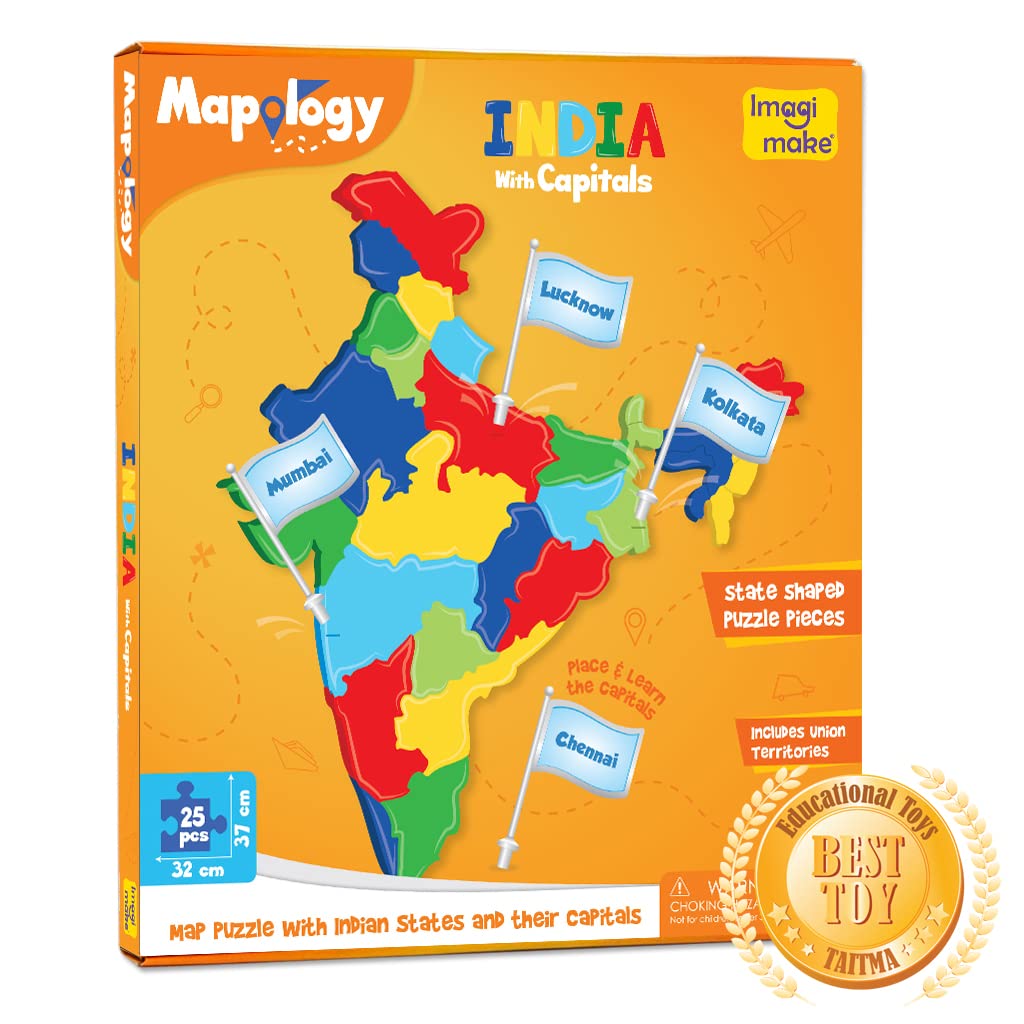 Imagimake Mapology India with State Capitals - Educational Toy and Learning Aid for Boys and Girls - India Map Puzzle - Jigsaw Puzzle, 25 Pieces