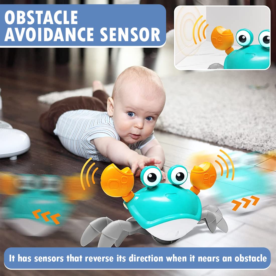 Crawling Crab Baby Toy – Smart Sensor Musical Tummy Time with LED Lights, USB Rechargeable | Interactive Crawling Toy for Babies 6–12 Months & Toddlers 1–3 Years (Color May Vary)