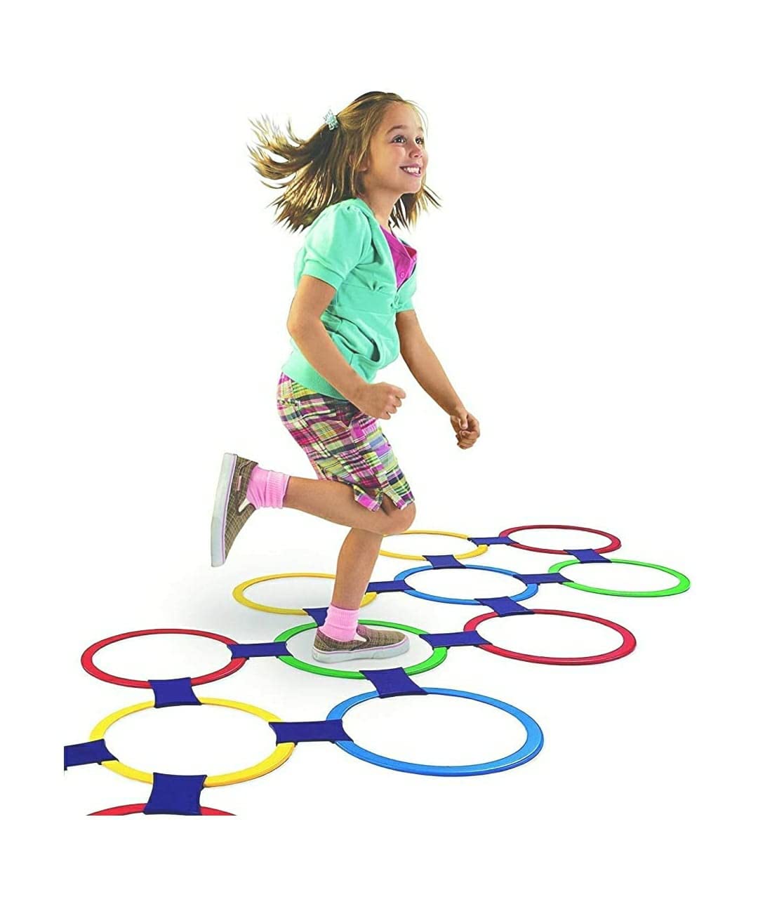 Hopscotch Rings Game Multi-Colored Plastic Rings Physical Activity Game for Indoor and Outdoor Play 14 Rings , 18 Joints , 1 Spinner For 5+ Year Boy And Girls - Multicolord