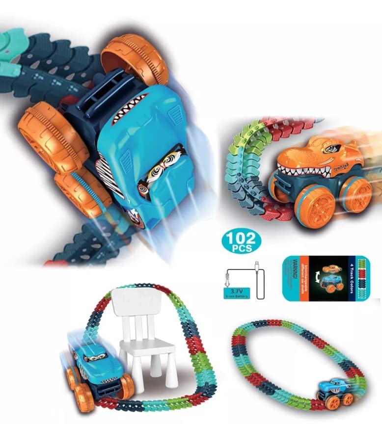 MM TOYS DIY Rapid World Flexible Track Set Of 102 Pcs Rechargable Dinosour Monster Truck Track And 4 Track Colors