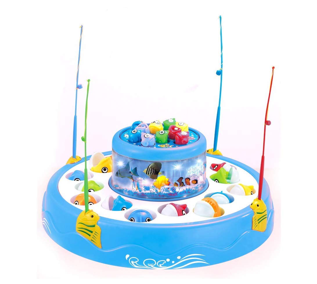 MM TOYS Go Go Fishing Catching Game with 26 Fishes, 2 Rotary Fish Pond and 4 pods with Music and Light Function Magnetic Toy (Multicolor)
