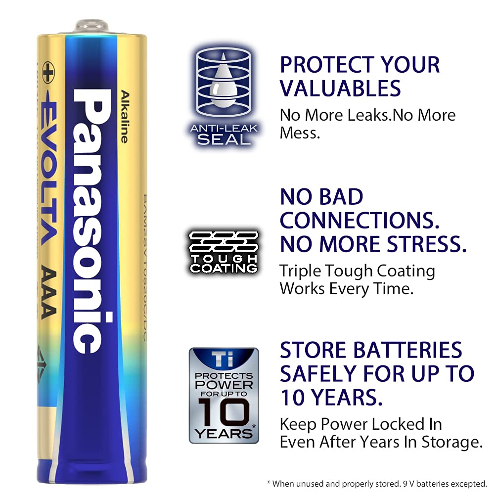 Panasonic Evolta Alkaline AAA Battery,Advanced Power, Anti-Leak Seal, Protects Power for up to 10 Years-Pack of 6