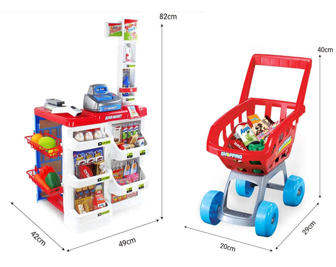 MM TOYS Plastic Role Play Home Supermarket Grocery Stall Set with Scanner and Shopping Trolley of Vegetables, Fruits, Food, Cart Accessories For Kids