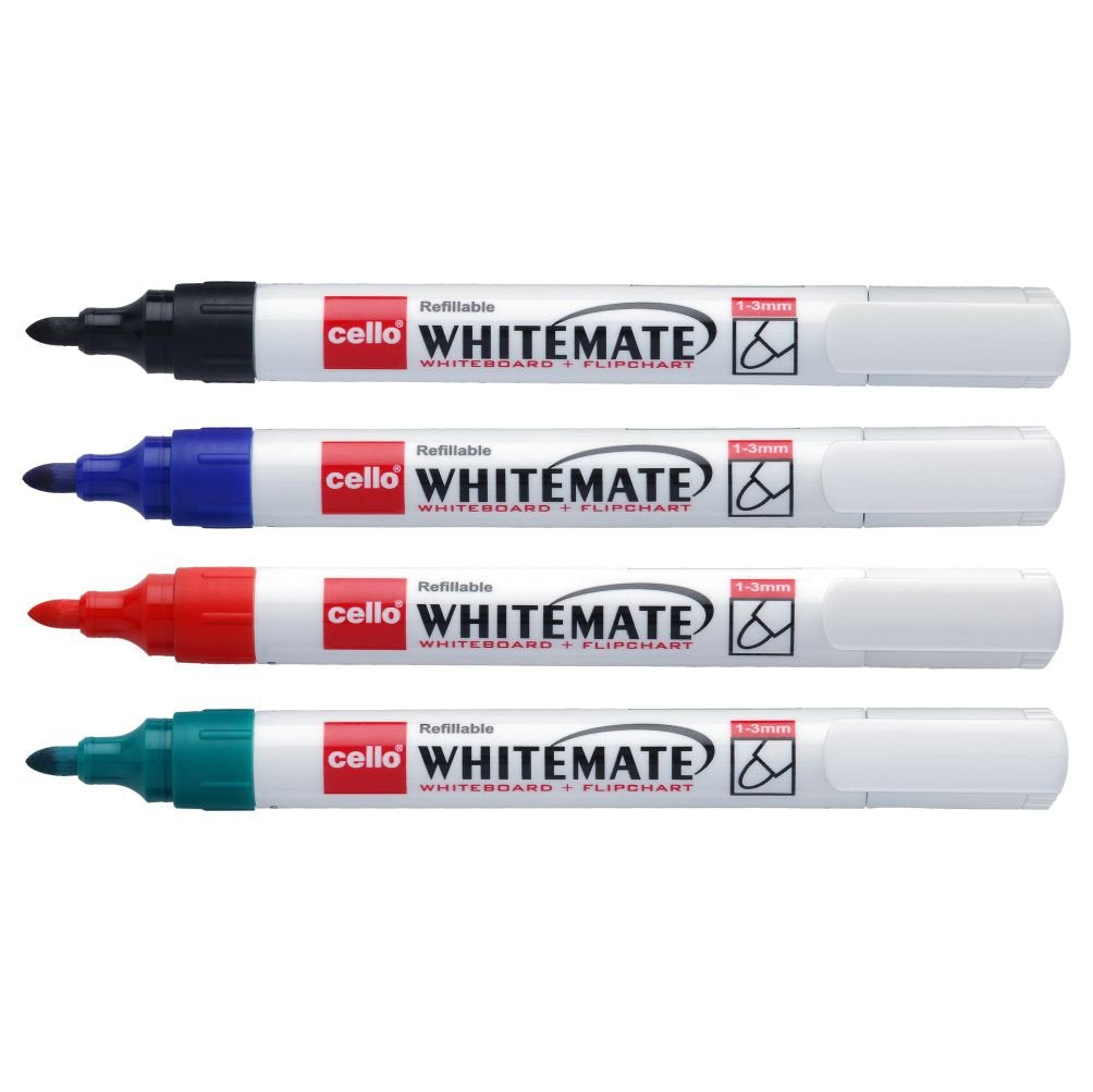 Cello Whitemate Whiteboard Marker Set - Pack of 4 (Multicolour) | Easily erasable and refillable | Set of 4 ink colours - Black, Blue, Red, Green | Ideal for Online Classes, Office and School Stationery
