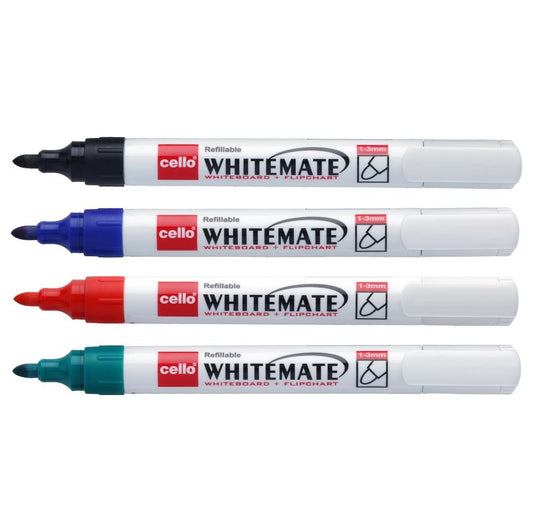Cello Whitemate Whiteboard Marker Set - Pack of 4 (Multicolour) | Easily erasable and refillable | Set of 4 ink colours - Black, Blue, Red, Green | Ideal for Online Classes, Office and School Stationery