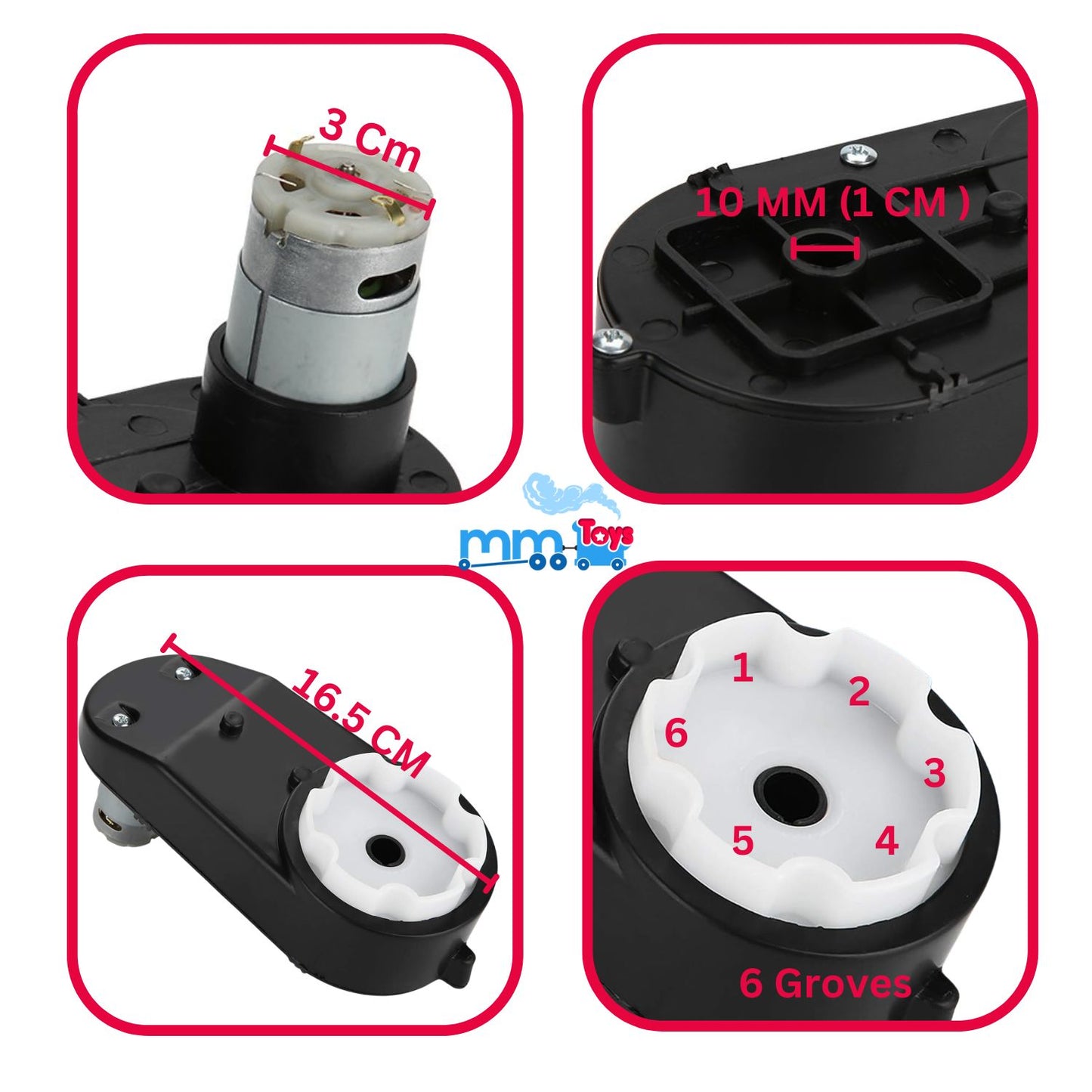 MM TOYS 12V GearBox 10 mm Hole 6 Groves Complete Replacment Part 16.5Cm With 18000 RPM Motor For Kids Electric Car And Bike Accessories - Black
