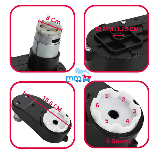 MM TOYS 12V GearBox 12 mm Hole 6 Groves Complete Replacment Part 16.5Cm With 18000 RPM Motor For Kids Electric Car And Bike Accessories - Black