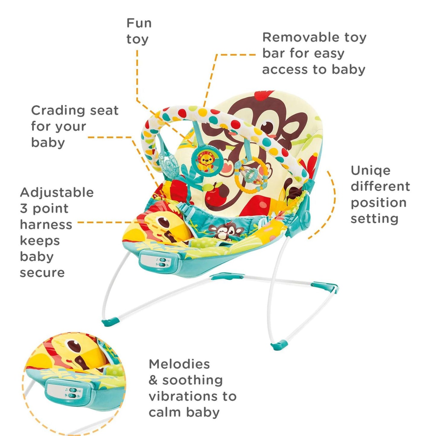 Mastela Electronic Baby Rocker Musical Bouncer Chair 6876, Soothing Vibrations, Toddlers to Newborn, Multicolor