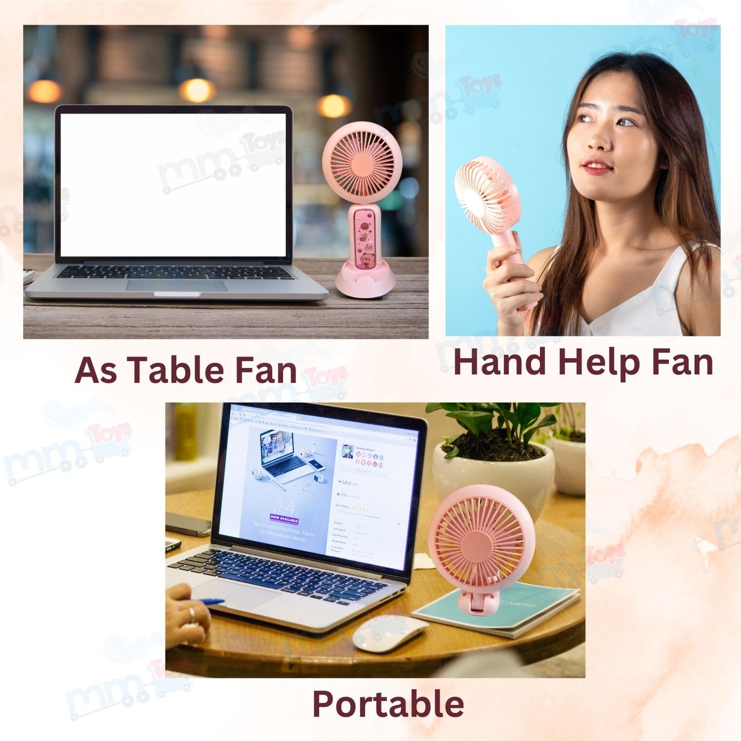 MM TOYS Mini Foldable Fan – USB Rechargeable, Silent Brushless Motor, 3-Speed Handheld & Table Fan with LED Light – Compact Cooling for Kids, Travel & Home Use (Color as Available