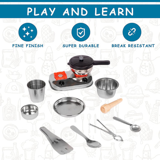 MM Toys Junior Stainles Steel Cook Kitchen Utensils Toy Set 11 Pcs With No Sharp Edges For 3+ Year Kids