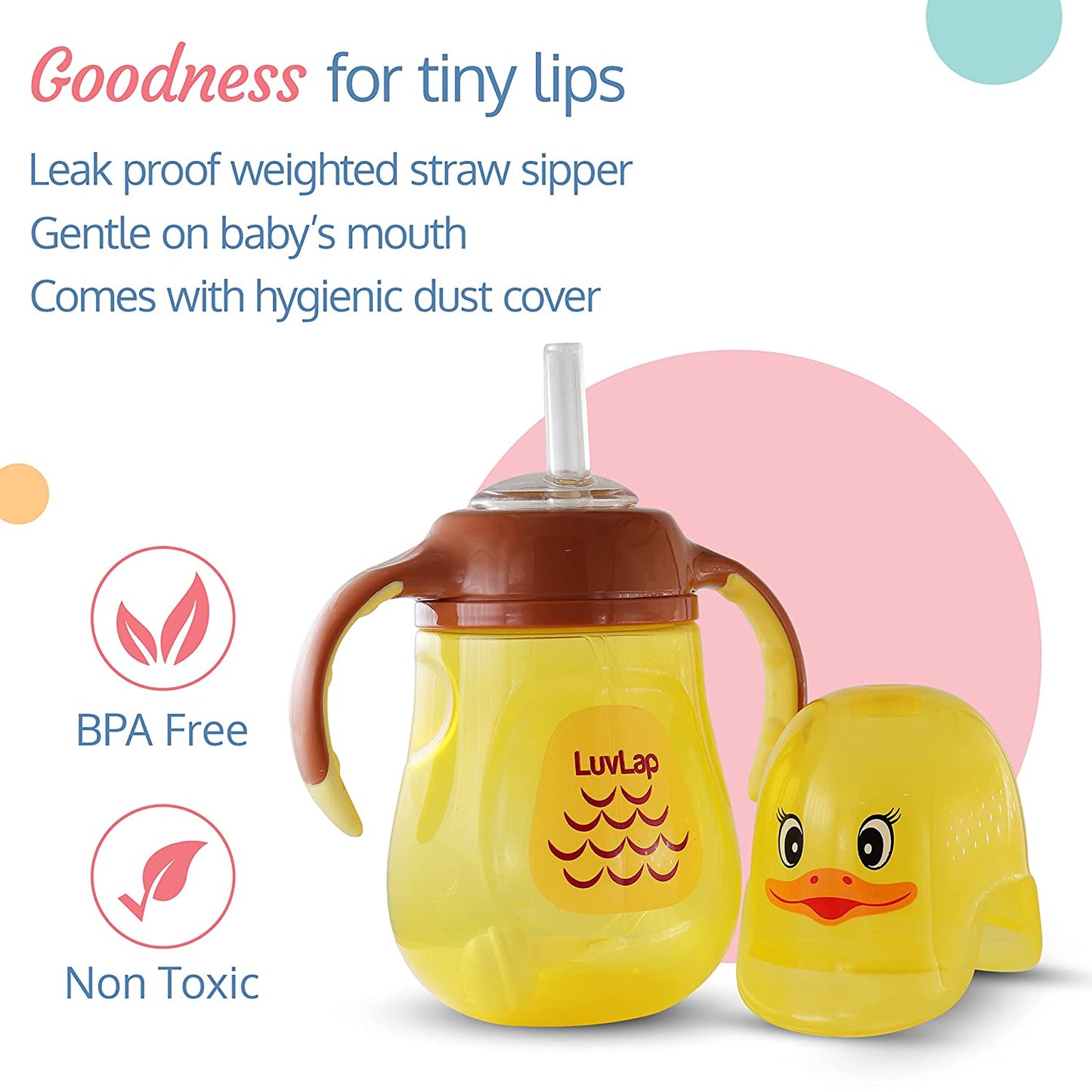 LuvLap Naughty Duck Straw Sipper, Soft Silicone Straw, Anti-Spill, 280ml, 6m+ (Yellow)