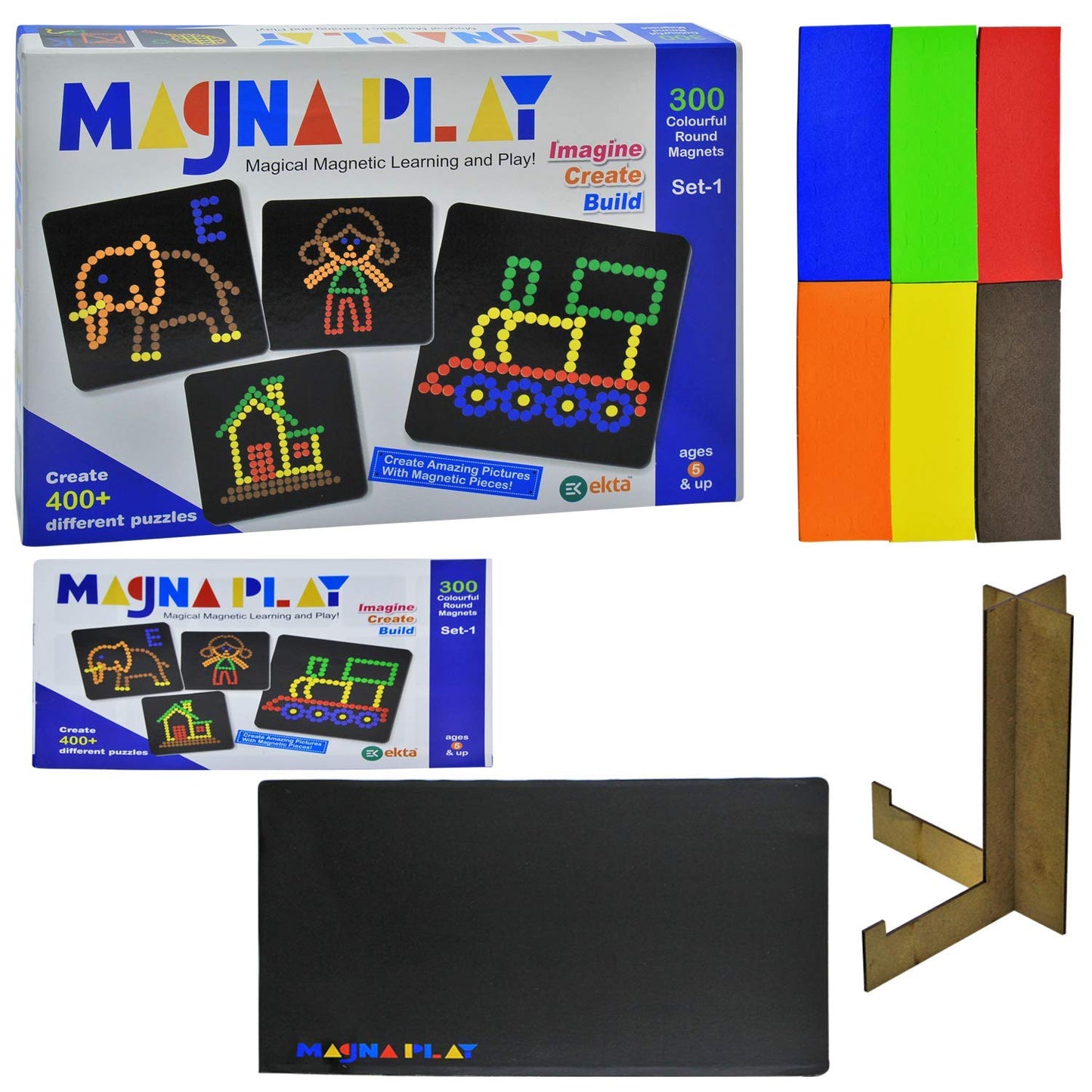 Ekta Magna Play Set - 1: Magnetic Play N Learn Art Draw with Double-sided Wooden Stand, Metallic Canvas & 300 Colourful Puzzles